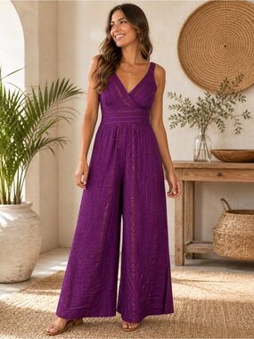 White Waves Purple Boho Wide Leg Jumpsuit Metallic Stripe S/M NWT